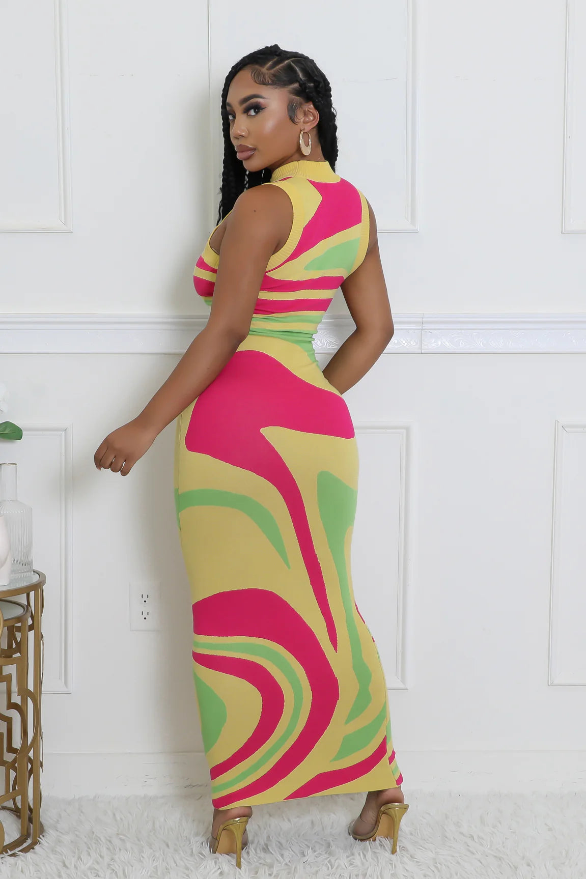 Long Sexy Hidden Oasis Multi Colored Club Dress - YELL/GREEN/PINK